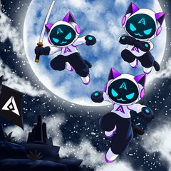 Three cartoon cat-like astronauts in black and purple suits float in front of a large moon in a starry night sky.