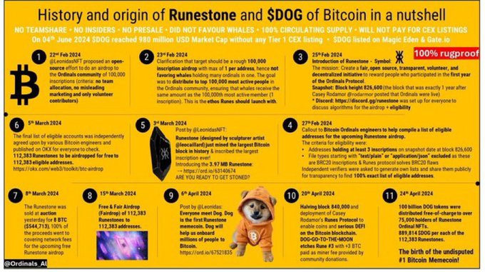 Infographic titled 'History and origin of Runestone and $DOG of Bitcoin in a nutshell,' displaying an 11-point timeline from February 12, 2024, to April 24, 2024, with claims like '100% rugproof' and details on the Runestone airdrop.