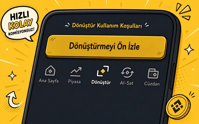 A stylized illustration of a smartphone displays the "Dönüştür" (Convert) screen of the Binance TR app, featuring a yellow "Dönüştürmeyi Ön İzle" (Preview Conversion) button and bottom navigation tabs labeled Ana Sayfa, Piyasa, Dönüştür, Al-Sat, and Cüzdan, with a "HIZLI KOLAY KOMİSYONSUZ!" (Fast, Easy, No Commission!) badge—visually reinforcing the post's praise for the app's quick, fee-free crypto-to-crypto conversion experience.
