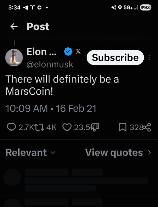 A screenshot of a tweet from Elon Musk (@elonmusk) dated 16 Feb 21 stating 'There will definitely be a MarsCoin!', showing 2.7K replies, 4K retweets, 23.5K likes, and 328K bookmarks.