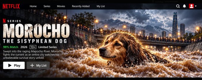 A Netflix series page titled 'MOROCHO: THE SISYPHEAN DOG' showing a 98% match rating and a description about a dog swept into the Mapocho River fighting the current as the city watches his survival story unfold.