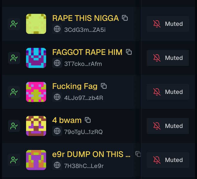 This image shows a list of cryptocurrency wallet addresses, each labeled with offensive and hateful text. The offensive labels, such as "RAPE THIS NIGGA" and "FAGGOT RAPE HIM," paired with the context of "tracking wallets," suggests a form of malicious targeting or harassment within the crypto community.