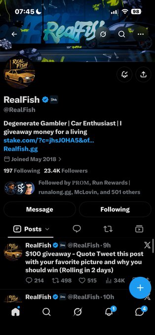 A Twitter/X profile for RealFish (@RealFish), self-described as 'Degenerate Gambler | Car Enthusiast', running a $100 giveaway tweet with 34K views.