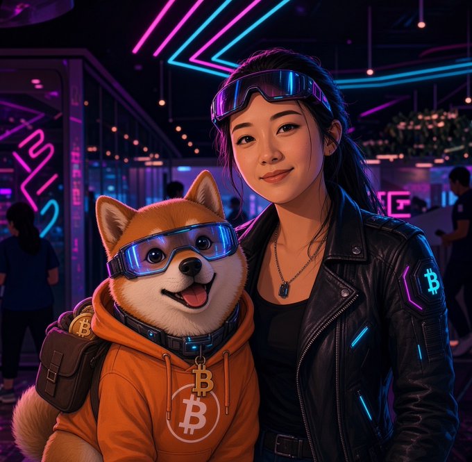 A digital illustration of an Asian woman and a Shiba Inu dog both wearing futuristic neon-lit goggles in a cyberpunk setting, with the woman in a black leather jacket featuring a Bitcoin logo and the dog in an orange Bitcoin hoodie.