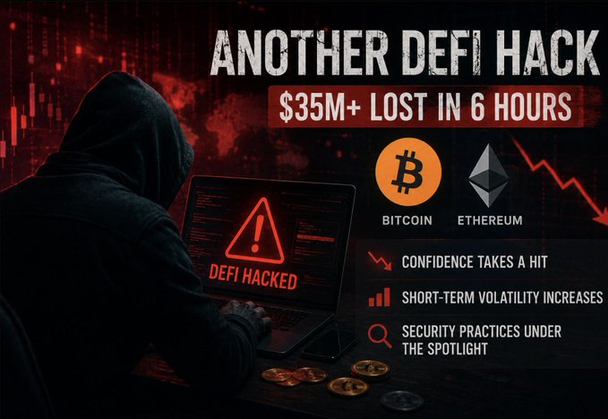 A red-toned news graphic titled "ANOTHER DEFI HACK" with the subtitle "$35M+ LOST IN 6 HOURS", featuring a hooded hacker at a laptop displaying "DEFI HACKED" alongside Bitcoin and Ethereum logos.