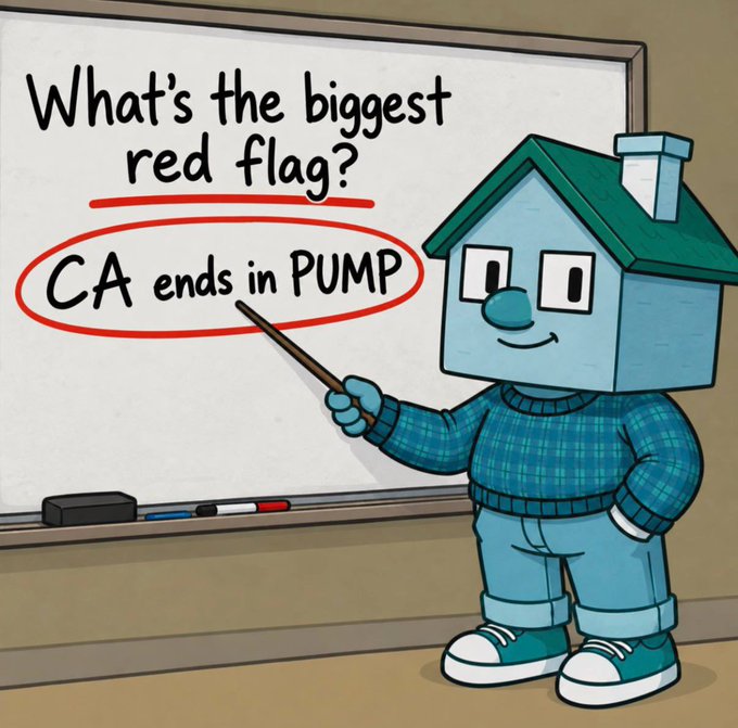 A cartoon house character points to a whiteboard with the text 'What's the biggest red flag? CA ends in PUMP' circled in red.