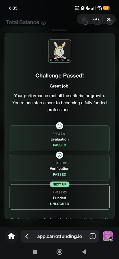 A screenshot from app.carrotfunding.io showing 'Challenge Passed! Great job!' with Phase 01 Evaluation PASSED, Phase 02 Verification PASSED, and Phase 03 Funded UNLOCKED.