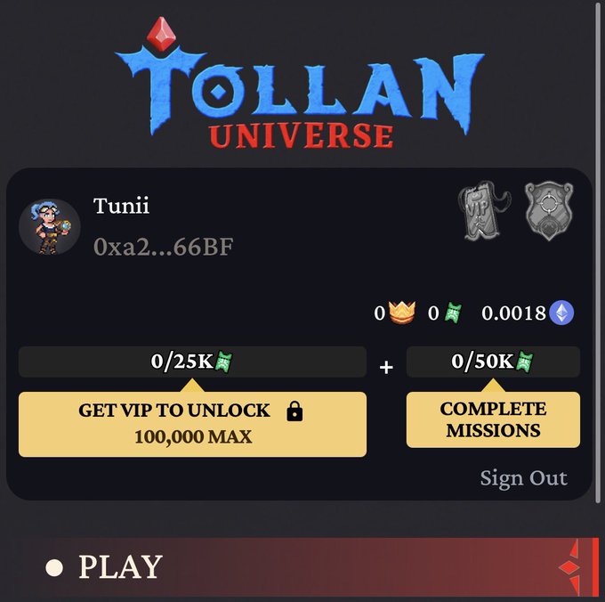 A mobile game interface for 'Tollan Universe' showing a user profile named 'Tunii' with wallet address '0xa2...66BF', VIP rewards progress, and a 'PLAY' button.