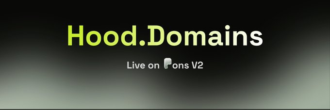 A promotional banner with a dark gradient background displays "Hood.Domains" in large text alongside the tagline "Live on Pons V2," announcing the launch of the $HD token and matching the post's announcement of the project going live.