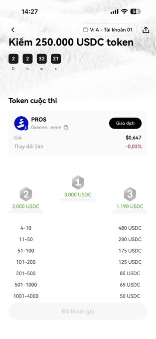 The image shows a phone screen displaying information about an Airdrop feature, specifically for USDC tokens. The screen has three columns of text providing details about the token's value, the number of tokens available, and the time remaining before they expire. The text is written in Vietnamese, which suggests that the user might be from or living in Vietnam.