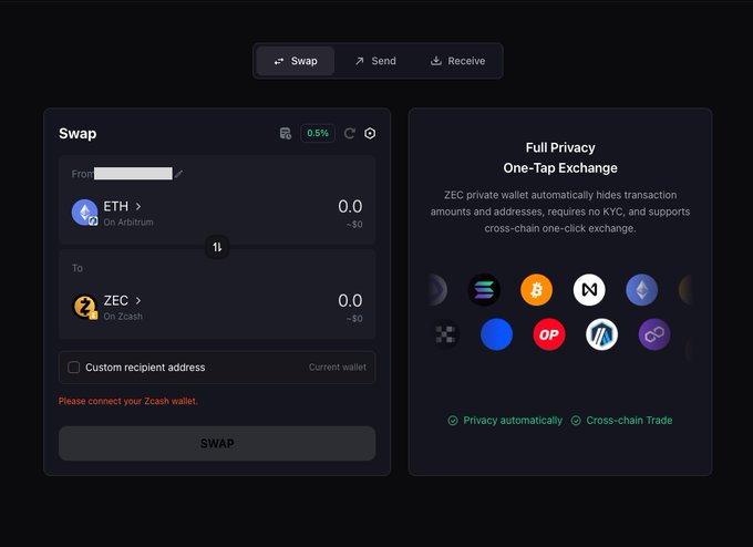 A dark-themed ZEC private wallet swap interface showing a 0.5% fee exchange from ETH on Arbitrum to ZEC on Zcash, with a prompt to connect a Zcash wallet before swapping.
