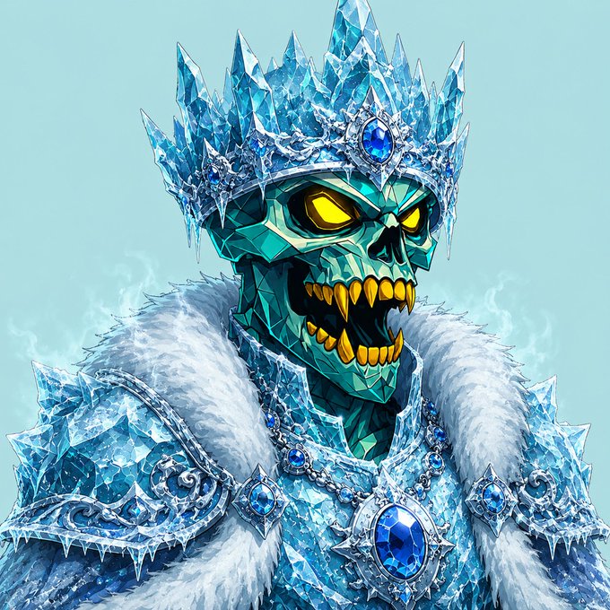 A digital illustration of a menacing skeletal figure wearing a blue ice-like crown and armor with white fur trim, featuring glowing yellow eyes.