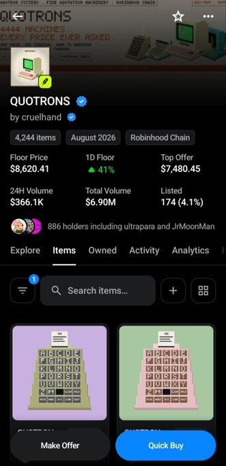 A mobile screenshot of an NFT marketplace listing 'QUOTRONS' by cruelhan showing 4,244 items, floor price $8,620.41, and 24H volume $366.1K on Robinhood Chain.