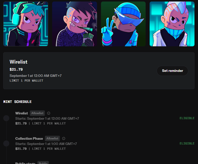 This image displays an NFT minting page featuring four colorful cyberpunk-style character avatars, with pricing at $21.79 for the Wirelist allowlist starting September 1st at 12:00 AM GMT+7, alongside a Collection Phase. The post promotes PoweredByVolt, crediting @egodaox and @0xvinhpham for making the launch possible, as this appears to be the official mint page for their hyped NFT collection.