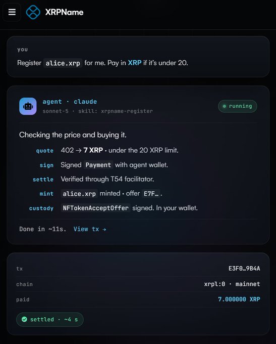 A screenshot of the XRPName app showing a successful domain registration of 'alice.xrp' for 7 XRP via an AI agent called 'claude' using the xrpname-register skill.