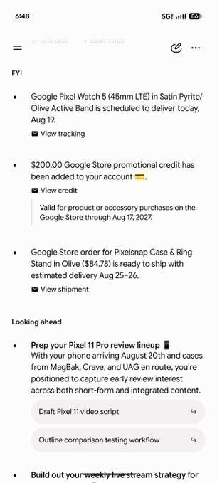 A smartphone screenshot shows a Gemini AI briefing summarizing an upcoming Google Pixel 11 Pro delivery, including a Google Pixel Watch 5 and a $200 Google Store promotional credit scheduled for August 19 and 20, highlighting the AI's ability to organize delivery schedules, pending shipments, and review prep tasks.