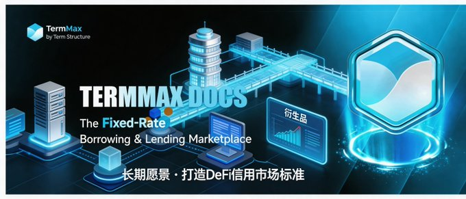 The image features a large blue diamond with a white border, which appears to be a logo for TermMax. The logo is displayed against a black background, making it stand out prominently. Below the logo, there are descriptions of the company's services in Chinese, including terms like "TermMax", "borrowing & lending marketplace", and "FT/XT/GT".