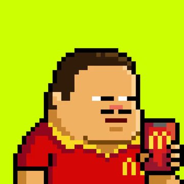 A pixel art illustration of a heavyset man with a mustache wearing a red and yellow shirt against a bright green background.