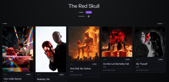 The image shows a gallery titled "The Red Skull" on transient.xyz, featuring five NFT artwork thumbnails (including "Our Little Secret," "Nobody, Yet," "And Still, We Gather," "Do Not Let Mortality Fall," and "Be Thyself") displayed under an Ethereum category. The highlighted "Our Little Secret" piece, depicting a skull at a candlelit table with rainbow light refractions, aligns with the post's reflection on finding unexpected intimacy and safety in mortality rather than fear.