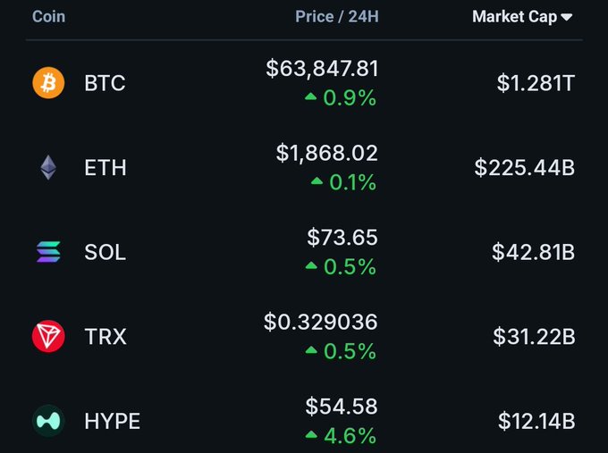 A cryptocurrency market dashboard listing coins including BTC at $63,847.81 (0.9% up, $1.281T market cap), ETH at $1,868.02, SOL at $73.65, TRX at $0.329036, and HYPE at $54.58 (4.6% up).