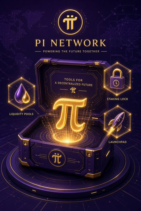 A stylized promotional graphic for Pi Network featuring the text 'PI NETWORK - POWERING THE FUTURE TOGETHER' and 'TOOLS FOR A DECENTRALIZED FUTURE,' with surrounding icons labeled 'LIQUIDITY POOLS,' 'STAKING LOCK,' and 'LAUNCHPAD' around a glowing pi symbol in an ornate chest.