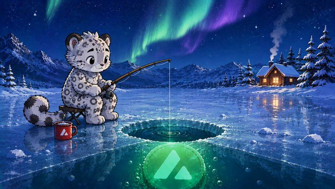 A stylized digital illustration of an adorable snow leopard ice fishing under the aurora borealis, with the Avalanche (AVAX) logo glowing green beneath the ice.