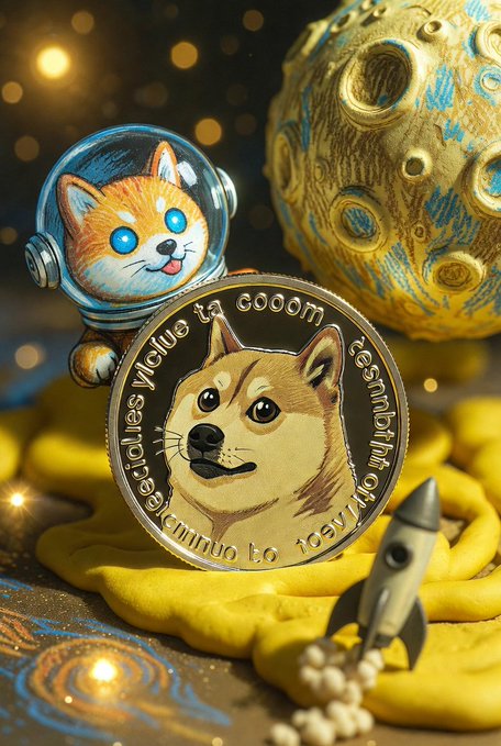 A Shiba Inu dog astronaut in a space helmet floats above a golden Dogecoin, with a small rocket launching nearby against a cosmic backdrop featuring a moon. The inscription around the coin appears to read "much value to the moon" and "currency" in a stylized format, capturing the playful "to the moon" meme culture associated with Dogecoin ($DOGE).