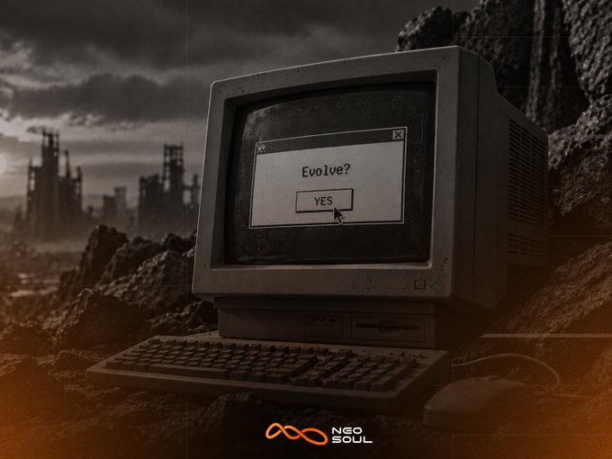 An old CRT monitor sits in a post-apocalyptic wasteland, its screen displaying a dialog box asking "Evolve?" with a cursor hovering over the "YES" button, alongside the "Neo Soul" logo. The image visually reinforces the post's theme of choice and consequence—trading more data (the "YES") for more agent intelligence and autonomy on NeoTrade, evoking the irreversible commitment of clicking "Evolve."