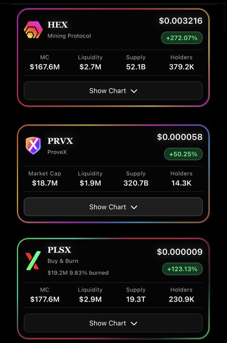 A mobile screenshot displaying cryptocurrency token information cards for HEX ($0.003216, +272.07%), PRVX ($0.000058, +50.25%), and PLSX ($0.000009, +123.13%), showing market cap, liquidity, supply, and holders.
