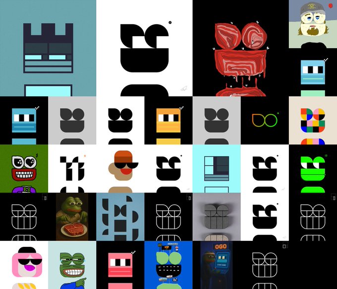 A collage features various cartoon-style characters and abstract pixelated designs arranged in a grid pattern.