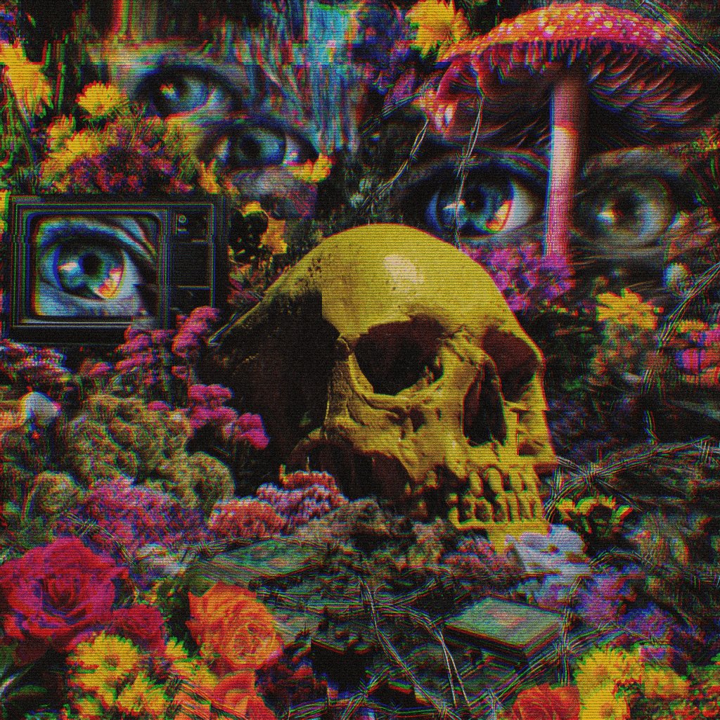 The image features a skull surrounded by flowers, with two eyes peeking out from behind it. The background includes a television set and a mushroom, creating an intriguing scene that could be related to a post about "LOST" or an auction for a television set on social media platforms like Instagram.