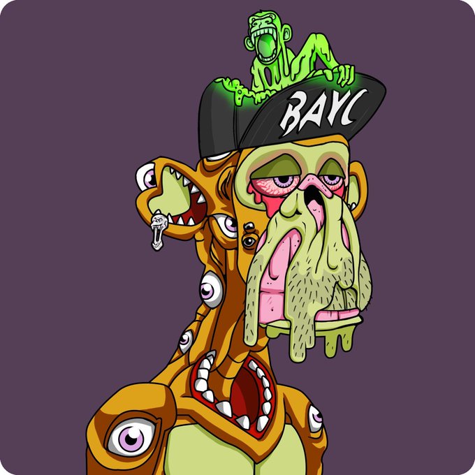 Grotesque cartoon artwork of a melting, multi-eyed creature wearing a black cap labeled "BAYC," with a smaller green zombie-like figure sitting on top.