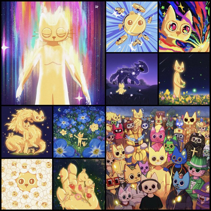 The image is a collage showcasing hand-drawn artwork featuring glowing golden cats in various whimsical scenes, including cosmic backgrounds, flowers, stars, and a group portrait of stylized cat characters. This visual aligns with the post highlighting $CETS's unique hand-drawn art by @vutnerable, illustrating the creative and community-driven nature of the project.