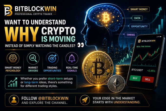 A promotional graphic for "BitBlockWin" featuring a glowing brain with a Bitcoin symbol, a stack of gold BTC and ETH coins, and a smartphone displaying "REAL-TIME SIGNAL" for BTC/USDT (+2.45%) with Buy/Sell buttons, promoting their channel's focus on smart money psychology, market drivers, trading opportunities, and real-time signals. The design directly visualizes the post's message about understanding the reasons behind crypto market movements through analytical concepts like "SMART MONEY," "DATA," "OPPORTUNITY," and "TIMING."
