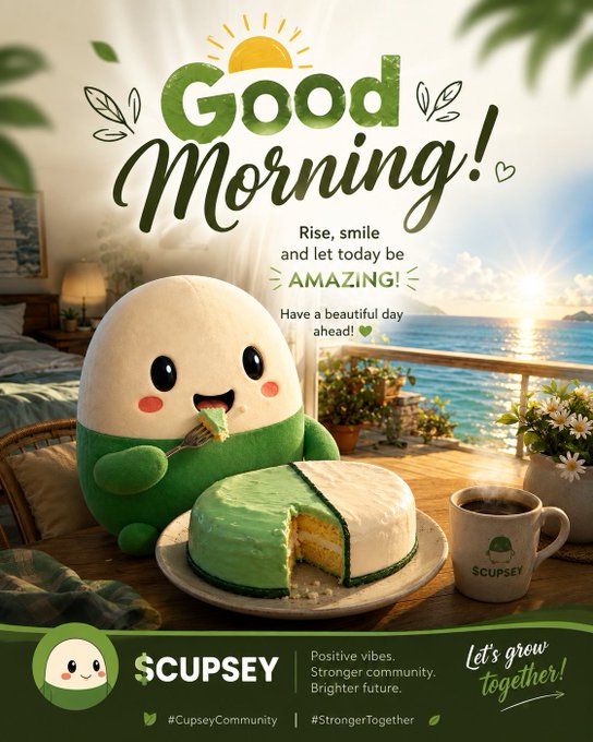 Cheerful morning greeting advertisement for '$CUPSEY' featuring a cute egg-shaped mascot eating green-frosted cake on a sunny beachside balcony, with text 'Good Morning! Rise, smile and let today be AMAZING!'