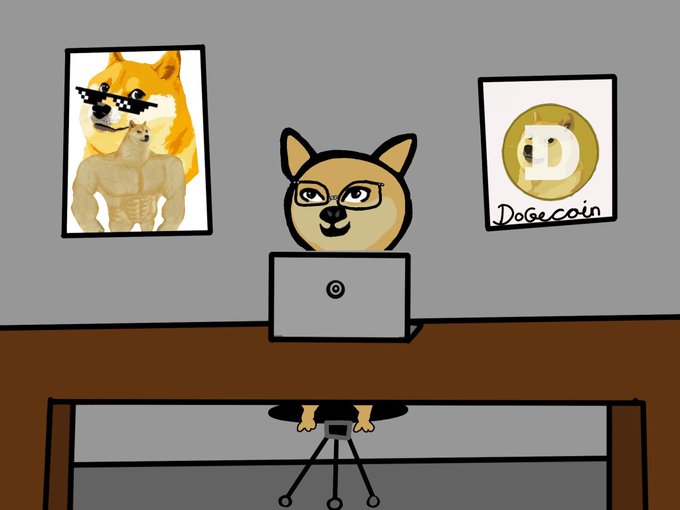 An animated cartoon of a Doge character wearing glasses sits at a laptop on an office chair, flanked by posters of a muscular Shiba Inu and a Dogecoin logo.