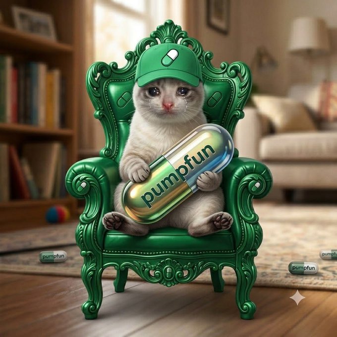 A sad-looking kitten wearing a green cap sits in an ornate green armchair, clutching a large pill labeled "pumpfun" with a tear on its cheek. The image ties into the post by promoting the $PUMPCAT token's goal of reaching $100M market cap while sharing the contract address for a $1,000 giveaway hosted on Pump.fun.