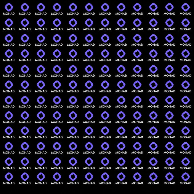 A repeating pattern of the purple Monad logo (a stylized teardrop or eye shape) with the word 'MONAD' repeated across a black background.