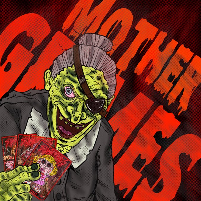 A horror-style illustration of a green-skinned zombie-like character with an eyepatch holding playing cards, with "SUICIDERS" written in bold red graffiti letters in the background.