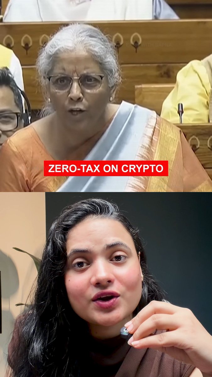 A split image shows Nirmala Sitharaman in the top panel with a "ZERO-TAX ON CRYPTO" banner overlay, and a woman holding a small microphone in the bottom panel, illustrating the post's discussion about India's potential crypto tax loophole.