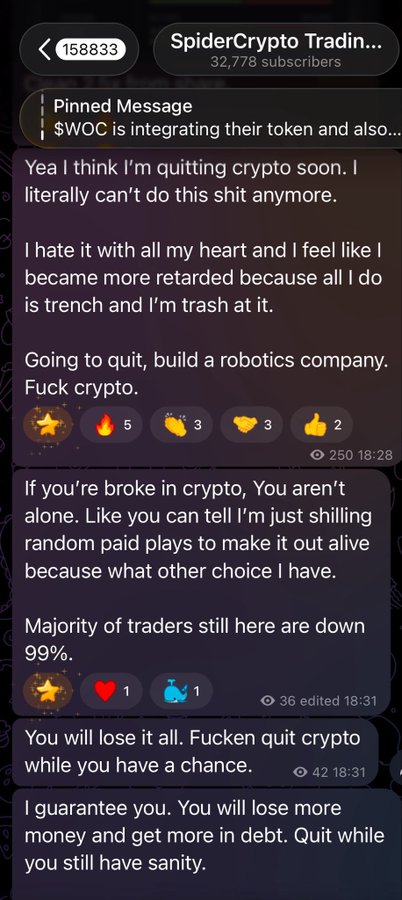 The image shows a text message conversation between two people, with one person having just made $50m from playing cryptocurrency and losing all their funds while the other person is advising them not to leave any money in perp accounts. The advice being given seems related to investing or transferring some of the funds outside of the crypto world into real-world assets for better financial management.