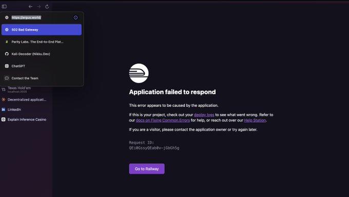 A Railway dashboard interface showing an 'Application failed to respond' error message, with sidebar menu items including '502 Bad Gateway' and 'Parity Labs: The End-to-End Plat...' visible.