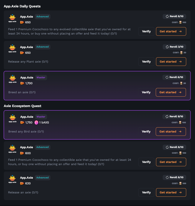A screenshot of 'App.Axie Daily Quests' and 'Axie Ecosystem Quest' panels showing tasks like breeding axes, feeding Premium Cocochoo, and releasing Plant axes with various BP rewards.