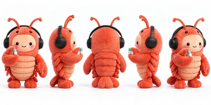Four views (front, side, back, side) of a cute red lobster-like plush character wearing black headphones and holding a small blue and white object.