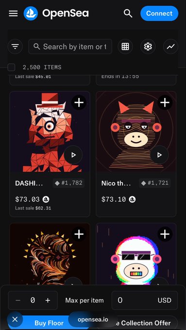 The image shows the OpenSea NFT marketplace displaying a collection of 2,500 items with rare-looking artwork featuring geometric and stylized designs, each priced between $73-$77. The varied artistic styles visible in the NFT previews (including abstract figures and unique character designs) support the post's claim that the items all appear rare rather than following a consistent floor pricing pattern.