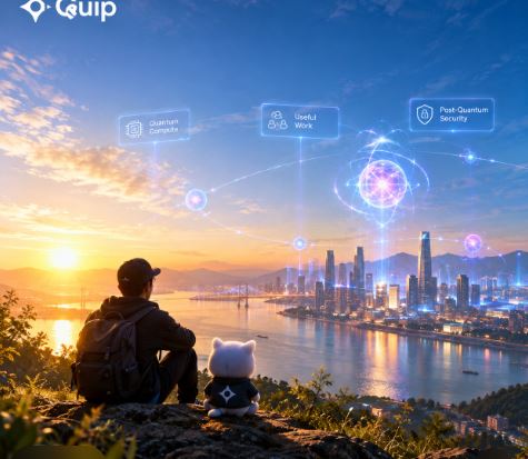 A digital artwork featuring the Quip logo showing a person and white bear looking at a futuristic city skyline at sunset with holographic interface elements.