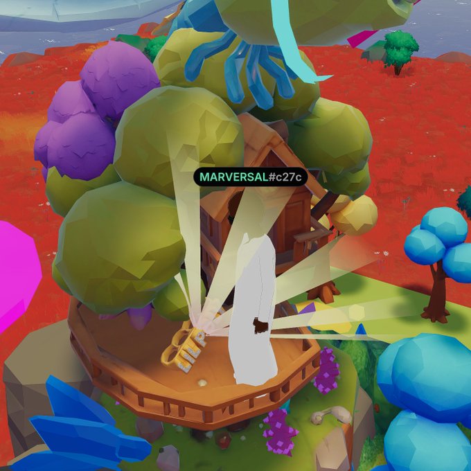A low-poly 3D game scene shows a white cloaked figure on a wooden platform surrounded by stylized trees and treasure, with a player label reading 'MARVERSAL#c27c' visible above.