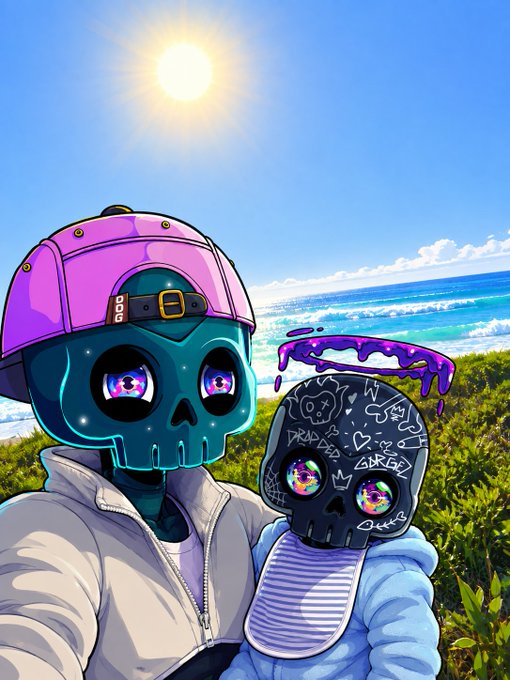 A digital illustration of two skull-faced characters with colorful galaxy eyes, one wearing a purple cap and white jacket, the other with a purple halo and graffiti-style markings, set against a sunny beach scene.