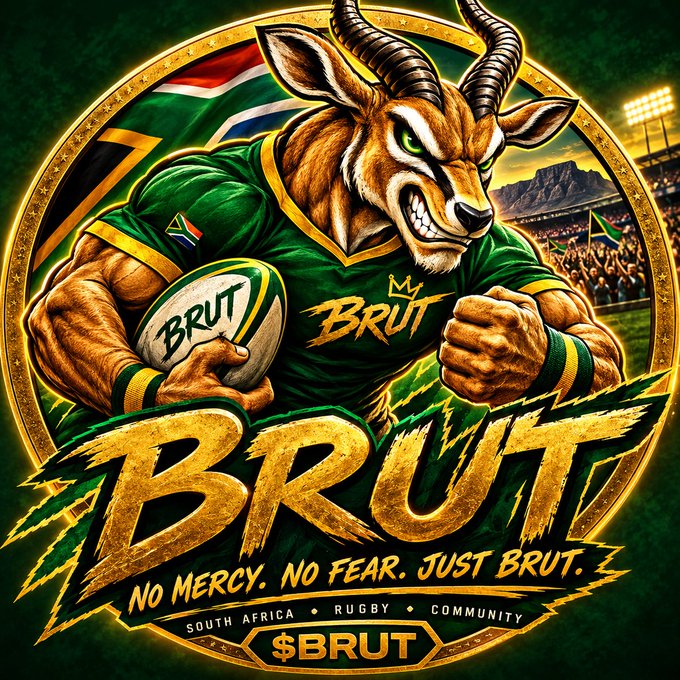 A graphic design featuring a muscular anthropomorphic antelope in a green rugby jersey holding a rugby ball, with the text 'BRUT', 'NO MERCY. NO FEAR. JUST BRUT.', 'SOUTH AFRICA • RUGBY • COMMUNITY', and '$BRUT' below it.