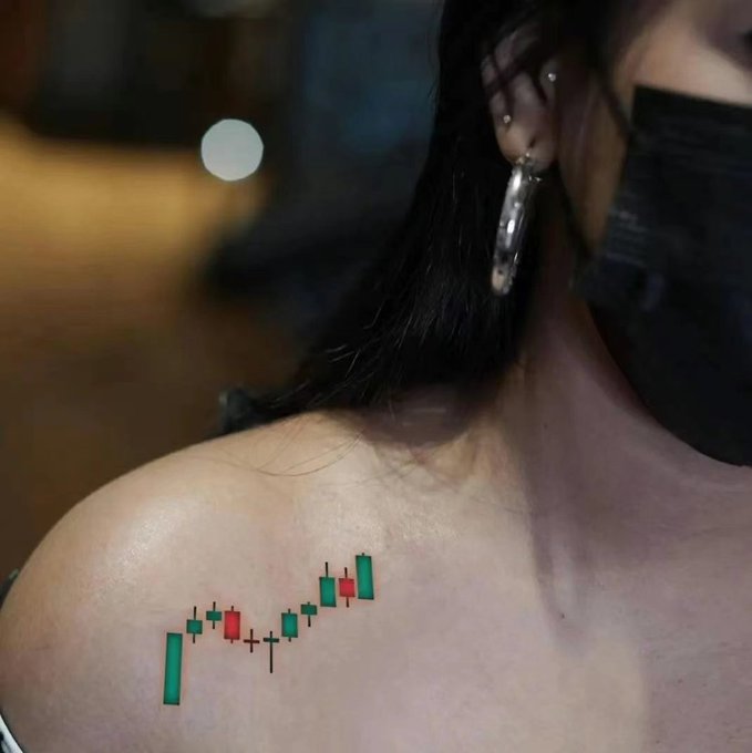 A candlestick chart tattoo on a woman's shoulder, visualizing the endless cycle of "chasing highs, killing lows" in trading—ironically placed on the body, suggesting that even after enlightenment, the pattern of market pursuit remains the same, worn permanently as both art and reminder.